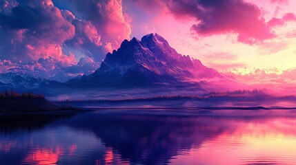 Fototapeta premium Pink and Purple Mountain Landscape with Clouds, Water, and Reflection Serene Nature Travel Scene in Sunset Light