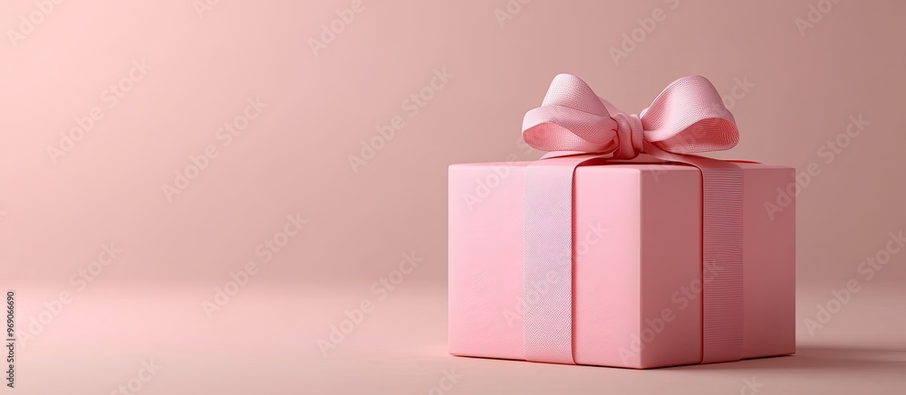 Poster Pink gift box tied with a bow on a light background. with copy space image. Place for adding text or design