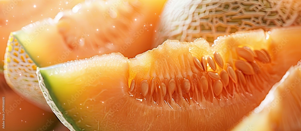 Poster three fresh cantaloupe melons set against a white background space for design. with copy space image