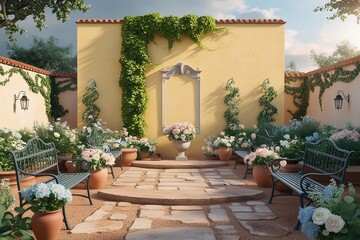 Naklejka premium A serene and intimate French-inspired garden scene with a warm, sun-kissed yellow stucco wall as the central background