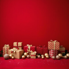 A bunch of Christmas presents lined up against a red backdrop wall surrounded by decorations