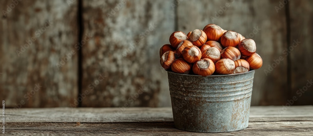 Poster hazelnuts in a metal cup on a wooden surface in a rustic design raw hazelnuts. with copy space image