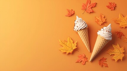 Ice cream cones with autumn leaves on orange backdrop