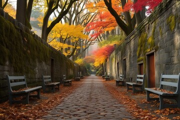 Fototapeta premium A serene and mystical fall alley scene, surrounded by towering trees with vibrant orange, yellow, and red leaves, their branches stretching towards the sky like nature's cathedral