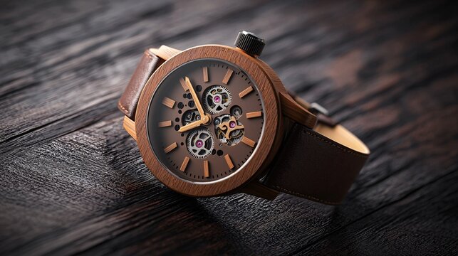 Elegant wooden wristwatch with exposed mechanical gears