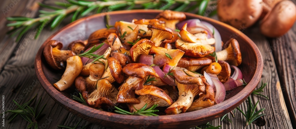 Aufkleber sauteed chanterelle mushrooms with onions and rosemary on a dark wooden surface selective focus. wit