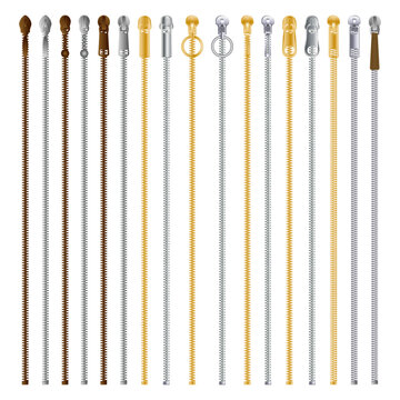Slider and seamless zipper brush set.
Metal zipper flat sketch collection. Fasteners for garments.