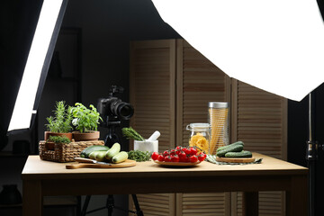 Shooting food in photo studio with professional lighting equipment