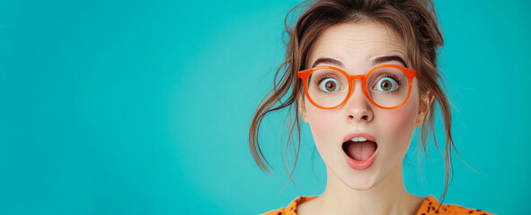 portrait of surprised young woman, amazed student with open mouth and big eyes wearing glasses over turquoise background. Sale banner. Special offer discount, online courses, optic store advertisement