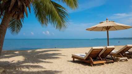 Fototapeta premium beach, sea, ocean, sand, sky, water, chair, summer, island, tropical, travel, nature, vacation, table, landscape, coast, holiday, resort, chairs, tourism, sun, relax, clouds, wave, seascape