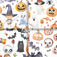 Cute Halloween Watercolor Seamless Pattern with Pumpkins  Bats  Ghosts  and Candy