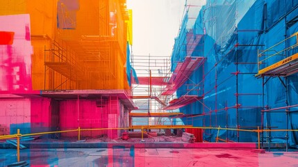 Construction site, pop art, bold colors, steel and concrete patterns