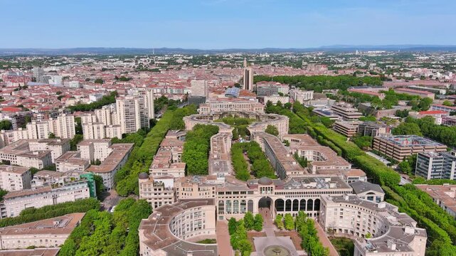 Montpellier, France: Aerial view of famous French historic city, Antigone neighbourhood, summer day with blue sky - landscape panorama of Europe from above
