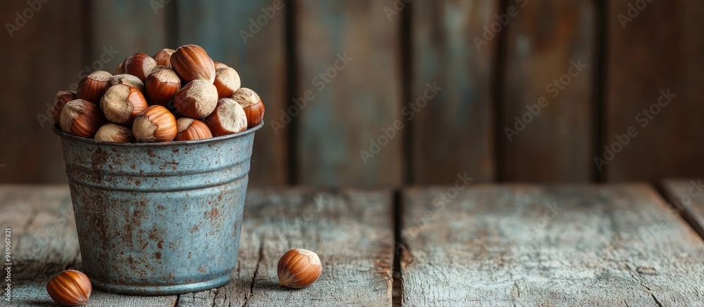 Poster hazelnuts in a metal cup on a wooden surface in a rustic design raw hazelnuts. with copy space image
