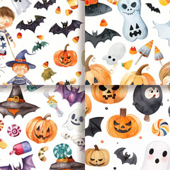 Watercolor Halloween Seamless Pattern  Cute Pumpkins  Bats  Ghosts  Witch Hat  Candy  Kids