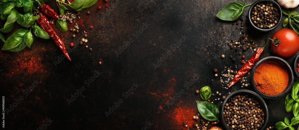 Aufkleber cooking banner spices and cooking tools top view free area for your text. with copy space image. pla