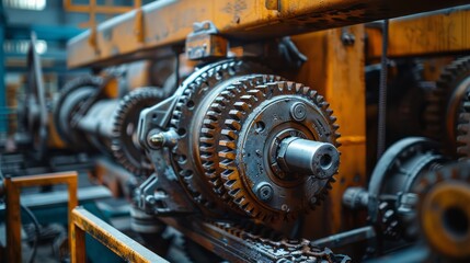 Close-up of gears and cogs in a large industrial machine, showcasing the inner workings of factory equipment
