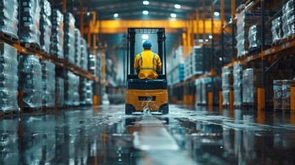 Close-up of a worker operating a forklift in a large manufacturing plant, stacked pallets, industrial warehouse setting, efficient logistics