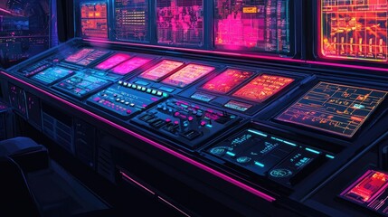 Obraz premium Neon lit retro futuristic control room panels