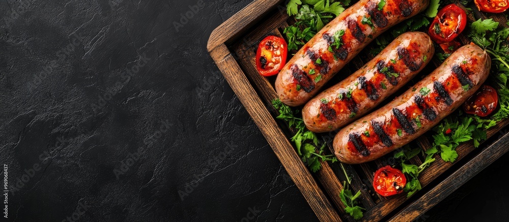 Poster grilled sausages are mixed with herbs in a wooden tray black background top view. with copy space im