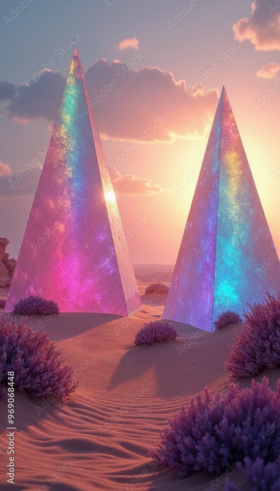 Wall mural Two iridescent pyramids stand tall in a desert landscape, bathed in the glow of a setting sun.