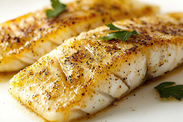 Close-up of a fillet of grilled fish on a white background, showcasing its flaky texture and golden-brown crust.