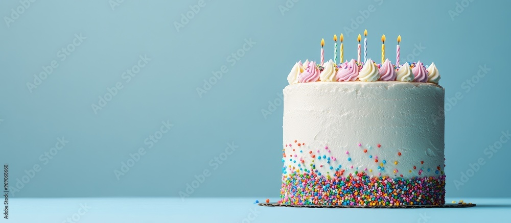 Aufkleber white birthday cake with vibrant sprinkles against a blue background. with copy space image. place f