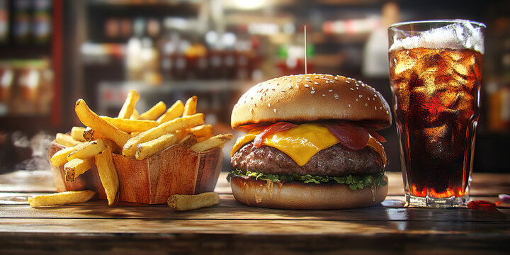 Supersized Spectacle: A supersized meal, complete with a super-sized fry, soda, and burger, dwarfing a small wooden table.