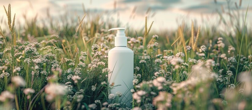 White unbranded dispenser bottle in a field of flowers including Galium aparine also known as cleavers clivers goosegrass sticky willy stickyjack and stickeljack or grip grass Mock up bottle of shamp