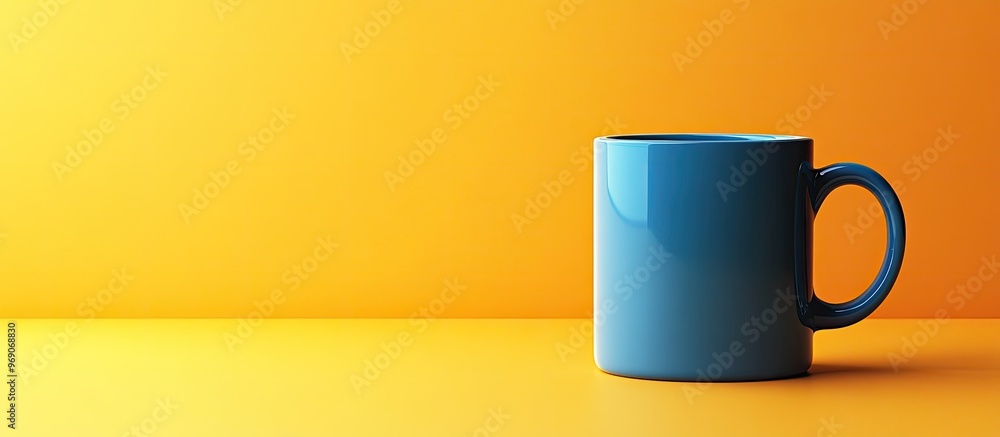 Poster Blue mug set against a yellow background. with copy space image. Place for adding text or design