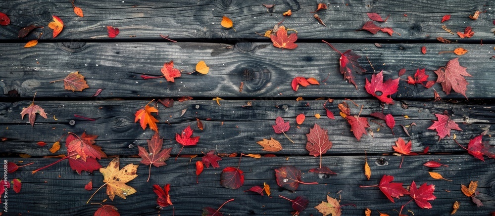 Poster autumn leaves set against a dark natural wood background weathered wooden tables or parquet featurin