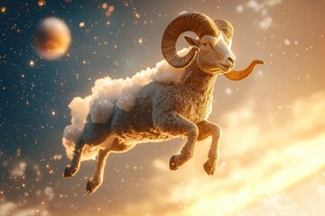 Fototapeta premium Magical fantasy illustration of charging ram with glowing horns in cloudy night sky with stars