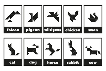 Tangram puzzle for children. Tangram line icons isolated. A set of educational tangram cards with animals and birds. Black and white geometric collection.