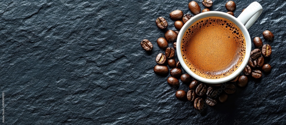 Leinwandbilder coffee in a white cup with coffee beans on a black stone background viewed from above. with copy spa