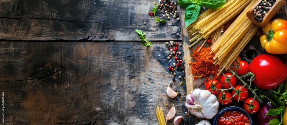 Aufkleber ingredients for pasta spaghetti including garlic cherry tomatoes and paprika arranged on a wooden ba
