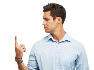 Fototapeta premium Man, finger and pointing up with mockup for advertising, selection or choice on a white studio background. Young, male person or model looking with gesture for pick, decision or marketing on space
