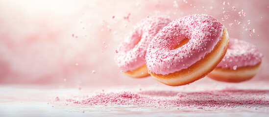 Fototapeta premium Delicious glazed donuts flying in the air with sprinkles on a pink background. Bakery, baking concept. Levitation. Banner, menu poster. Recipe. Yummy doughnuts with glaze. Copy space