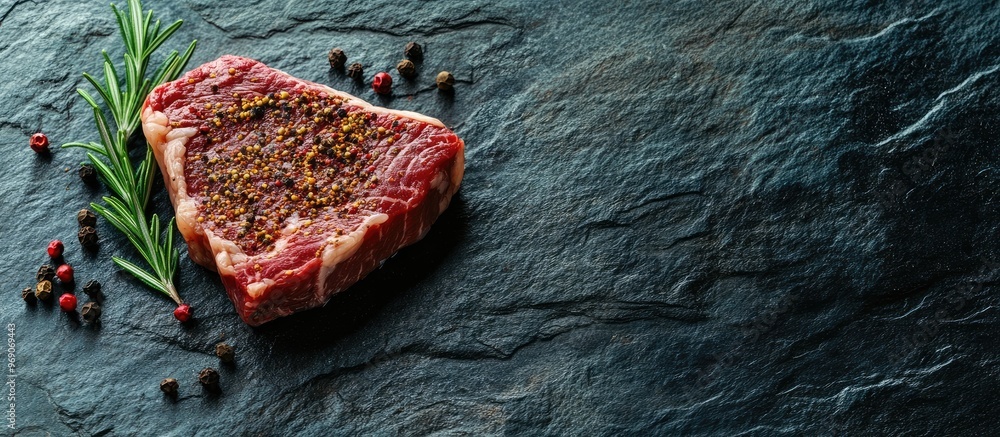 Poster one raw steak seasoned with spices and rosemary on a stone background leaving room for your text. wi