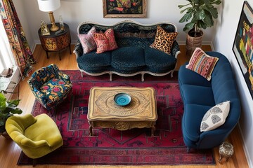 3D Overview of an Eclectic Living Room with Funky Sofa, Antique Coffee Table, and Ethnic Print Rug