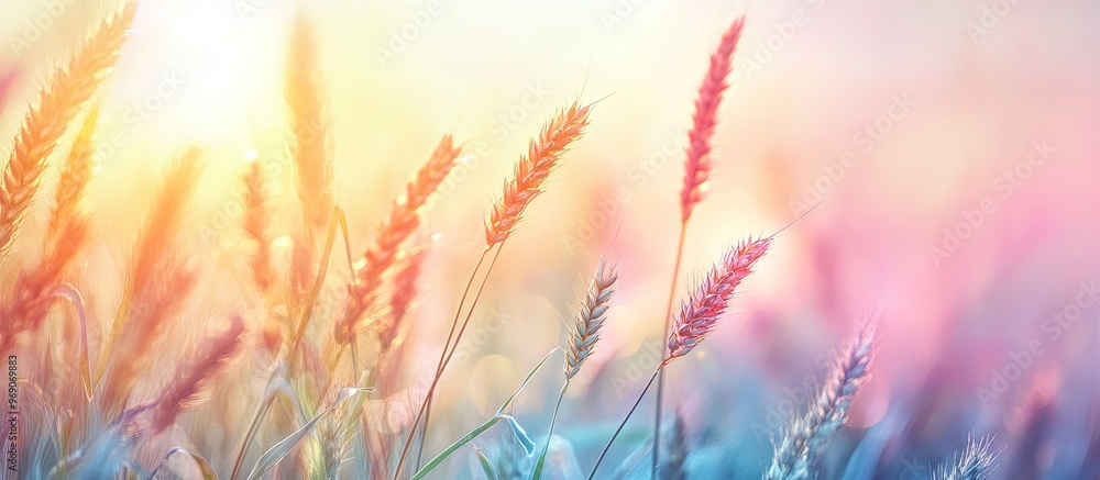Aufkleber wheat field at sunset with a blurred vintage background in pastel tones. with copy space image. plac