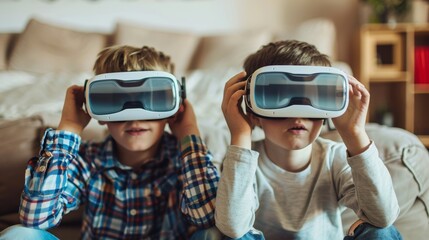 Horizontal portrait of two pupils immersed in a virtual reality game, wearing VR headsets at a bright modern home.