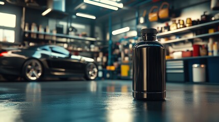 Black Automotive Oil Container in a Garage with a Blurred Sports Car in the Background