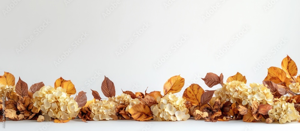 Aufkleber arrangement of yellow and brown beech autumn leaves and hydrangea flowers mockup on a white backgrou