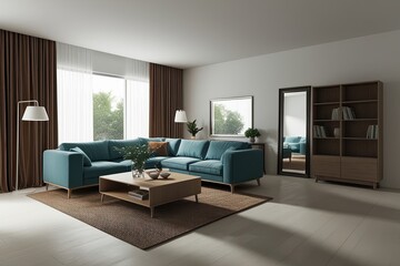 3D Render of an Open-Plan Living Room with Sofa, Dining Table, and Bookshelf on Isolated White Background