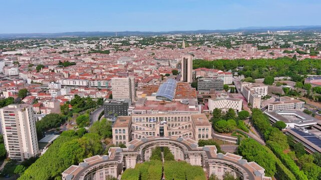 Montpellier, France: Aerial view of famous French historic city, Antigone neighbourhood, summer day with blue sky - landscape panorama of Europe from above
