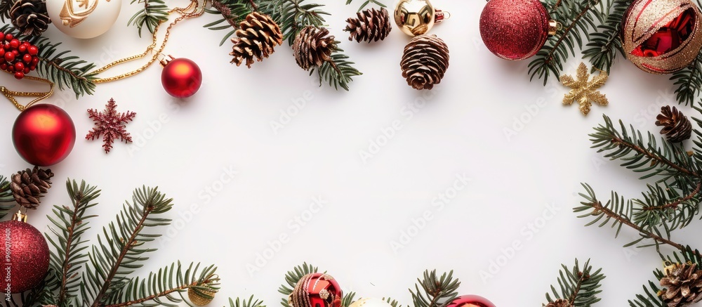 Poster christmas backdrop featuring fir tree branches adorned with red and gold ornaments on a white backgr
