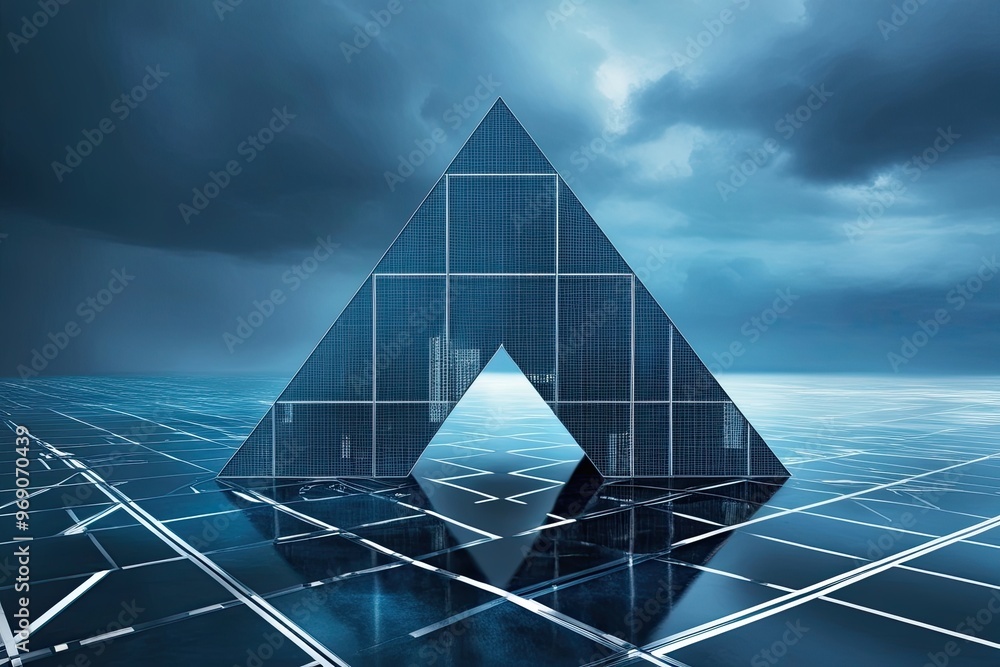 Poster futuristic angular geometric grids on stormy blue backdrop with three-dimensional technology