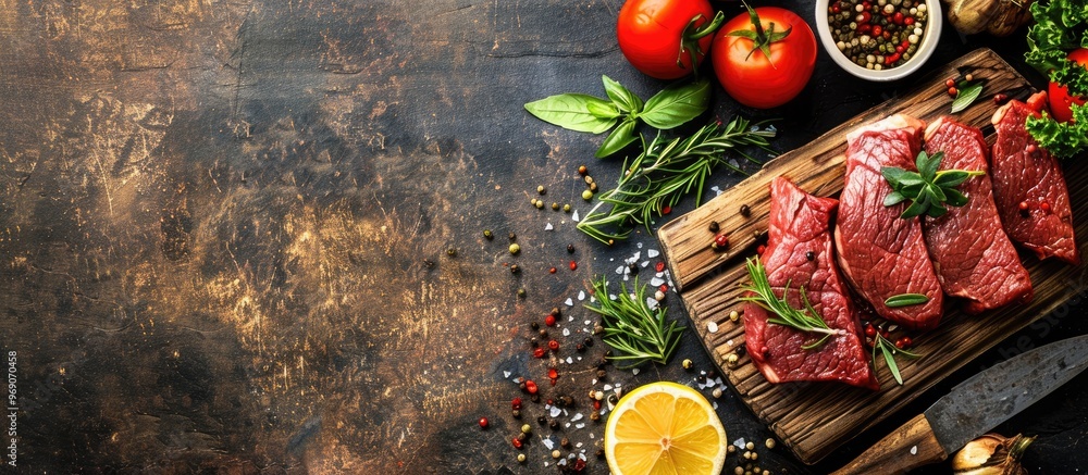 Poster raw beef on a cutting board alongside vegetables and ingredients for cooking. with copy space image.