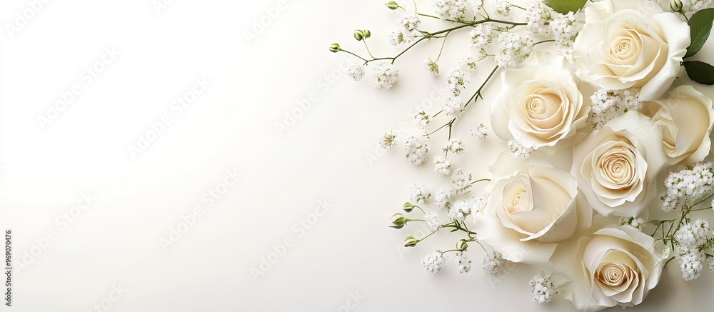 Poster cream roses and gypsophila flowers arranged in a corner set against a white background. with copy sp