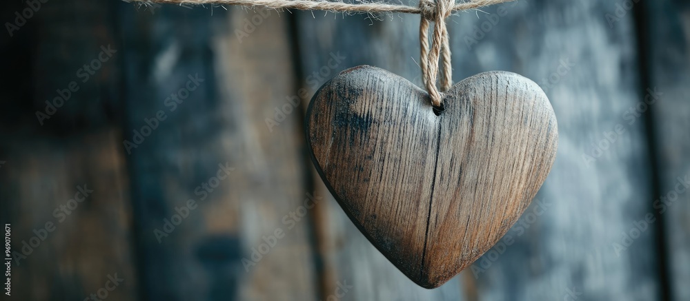 Poster wooden heart ornament with ribbons suspended on a clothesline against an aged wooden backdrop. with 